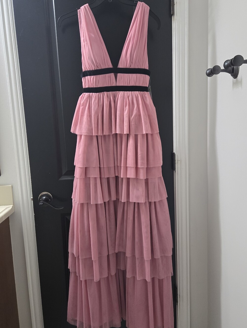 Sleeveless Tiered V-Neck Pink Maxi Dress